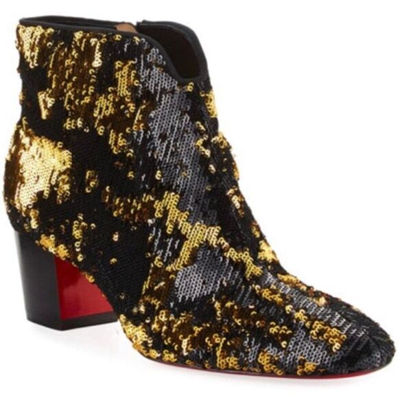 Christian Louboutin Black and Gold Sequin Ankle Boots - Picture 1 of 9